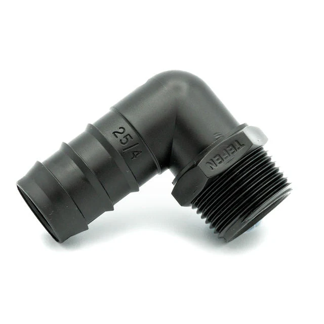 Tefen PP Black BSPT 3/4" Male Elbow Conn - Fits 16mm OD Hose
